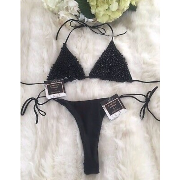 NEW! PEARL BIKINI BLACK SWIMSUIT 2 PIECE SET THONG - Picture 1 of 12